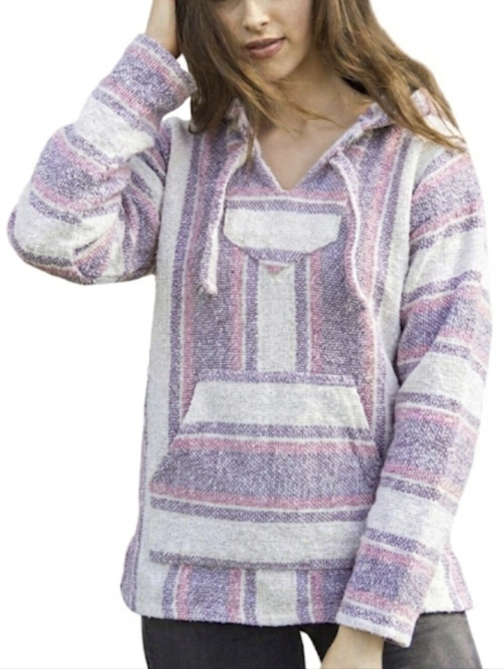 Striped Hooded Baja Sweatshirt - Cream, Pink & Purple